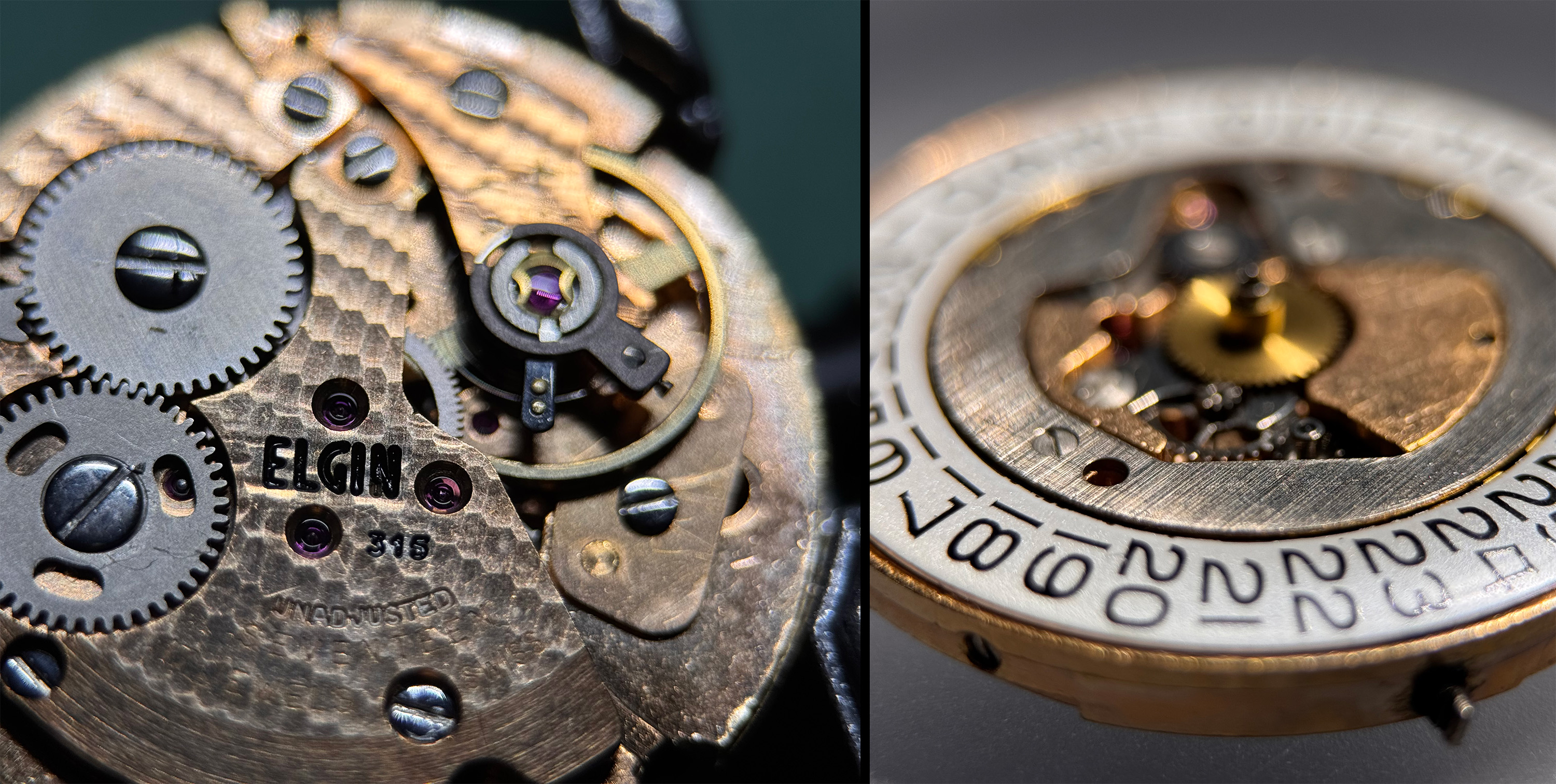 on the left, the Elgin 315 movement, on the right the dial side with calendar wheel